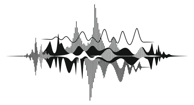 A striking black and white waveform illustration depicts sound vibrations and frequencies creating an abstract visual representation silhouette high quality professional detailed