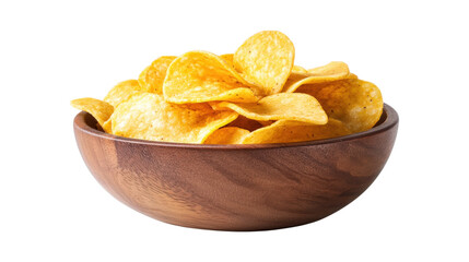 Wooden bowl full of crispy golden potato chips piled high on transparent