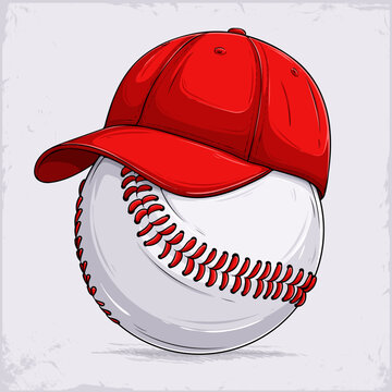 Red baseball cap balancing a classic stitched baseball, capturing game day style, sport fashion vibe, and casual athletic headwear energy.