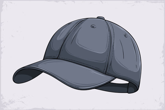 Hand drawn illustration of a classic navy baseball cap with detailed stitching and curved brim, sport and fashion headwear element.
