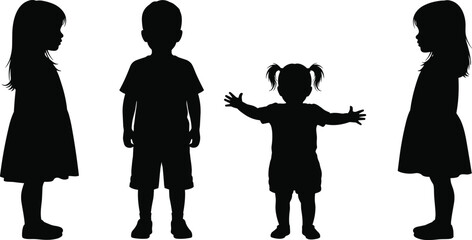Children silhouette set, boys and girls standing and playing, toddler and kids figures, front side views, flat black vector illustration isolated white background