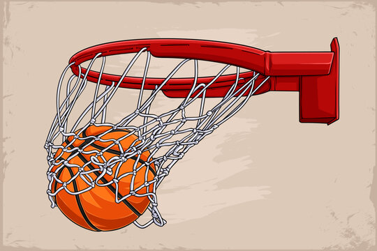 Hand drawn perfect Basketball shot with vintage background Basketball ring and ball inside for college March Madness event excitement.