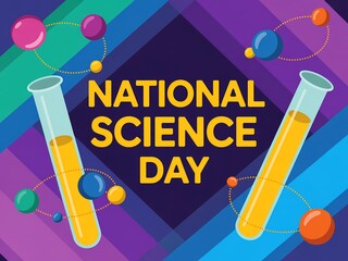 National science day poster with colorful test tubes and balls on a purple and blue background
