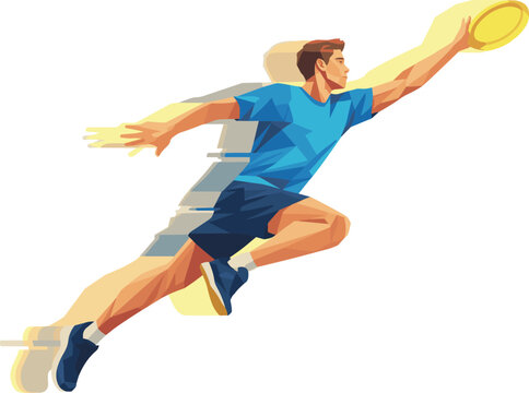 Athletic flying disc catch vector illustration. Sportsman leaping forward with motion blur effect. Modern dynamic frisbee action isolated on white background.