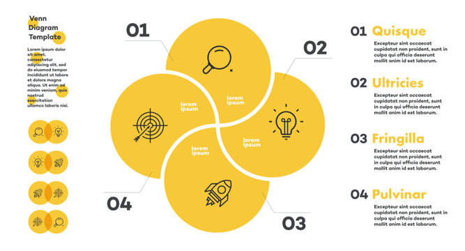 Infographic template for business strategy, presentation, logic analysis, start up project, theory basic operation. Venn diagram vector