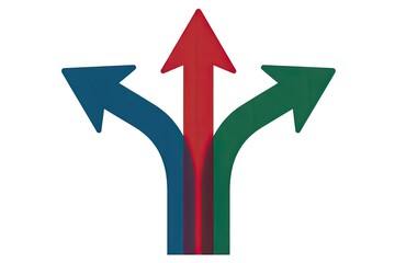Three diverging arrows: red, blue, green pointing up and sideways, representing choice, decision, or different paths, isolated on white