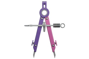 Pink and purple metal drawing compass with pencil holder, geometry tool isolated on white