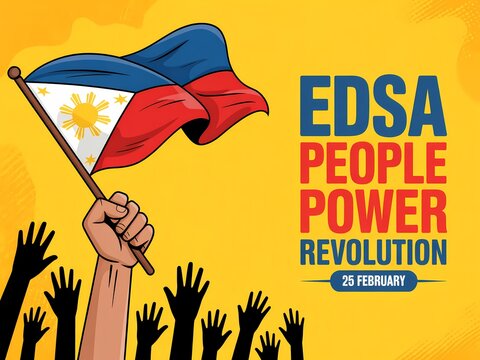 Hand holding philippine flag during edsa people power revolution on yellow background with raised fists