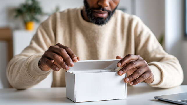 Close-up of faceless hands unboxing a new high-tech gadget or noise-canceling headphones, Gift for Tech-Savvy Dad, modern clean aesthetic, soft reflections, with copy space