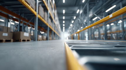 Naklejka premium Empty factory shelves with missing raw materials display, shortages creating production delays visualization, supply chain issues affecting manufacturing operations, industrial fac