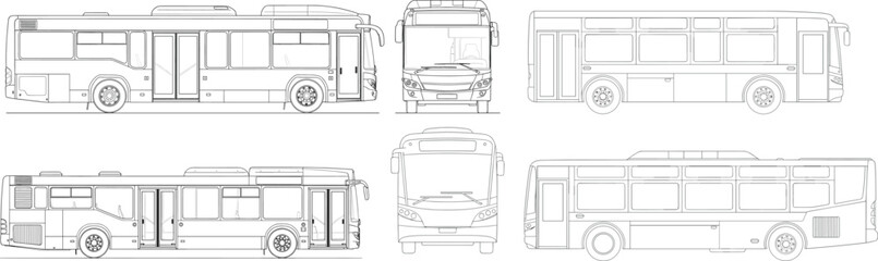 City bus technical outline vector set. Side, front and rear views with window, door and wheel details. Clean line illustration for transport design and vehicle documentation. © HazelQueen