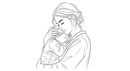 Mother holding her baby in continuous line drawing isolated on white background.