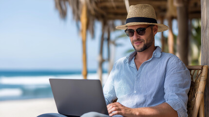 Fototapeta premium Digital nomad enjoying hybrid work lifestyle at exotic beach destination, paradise productivity balance, vacation career blend, coastal workspace setting, with copy space