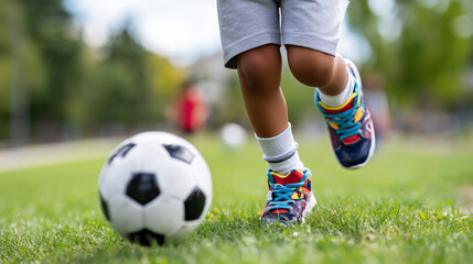 Obraz premium Close-up of faceless children's feet in colorful cleats kicking a soccer ball on fresh green grass, Organized Kids Sports concept, blurred background of a park, dynamic movement, w