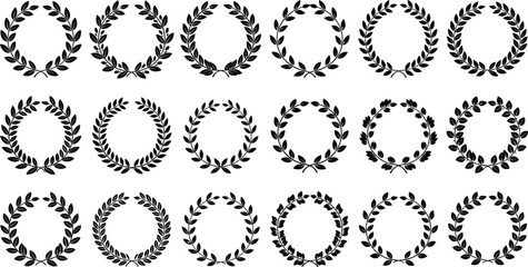 Black laurel wreath collection set, minimalist floral circular frames for awards, logos, emblems, certificates, vintage design elements branding print decoration