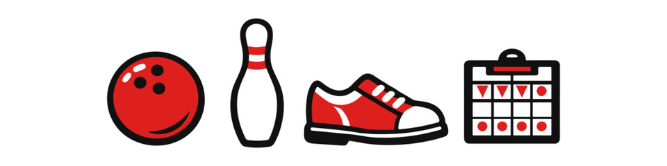 Obraz premium Bowling ball, pin, shoe, and calendar icons representing a bowling game plan