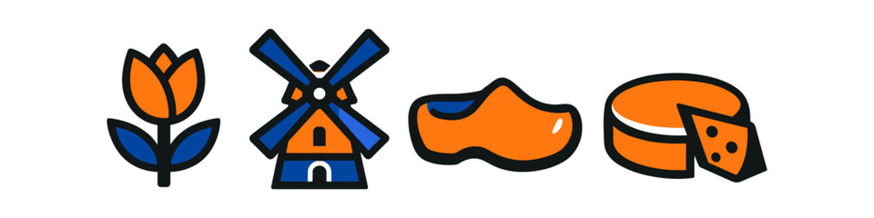 Iconic Dutch symbols: tulip, windmill, clog, and cheese in orange and blue