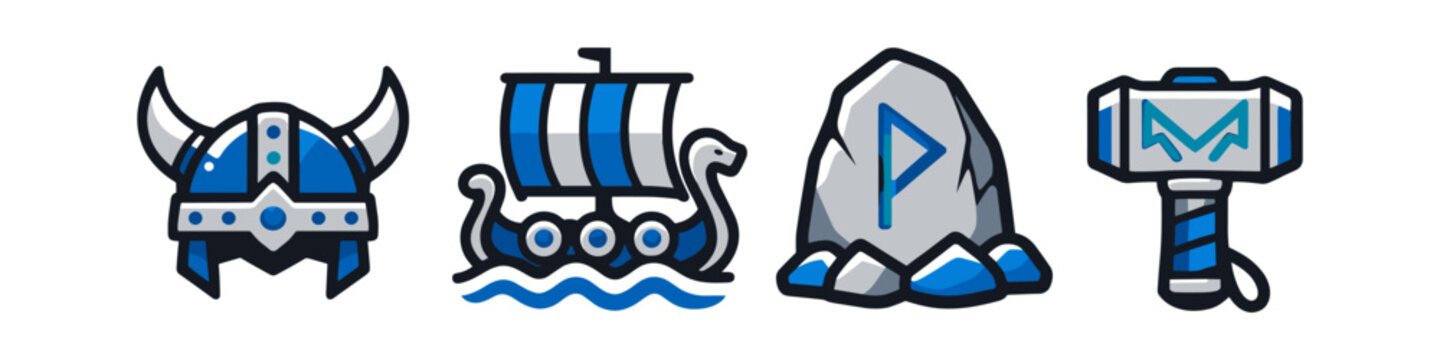 Viking symbols including helmet, ship, rune stone, and Thor's hammer