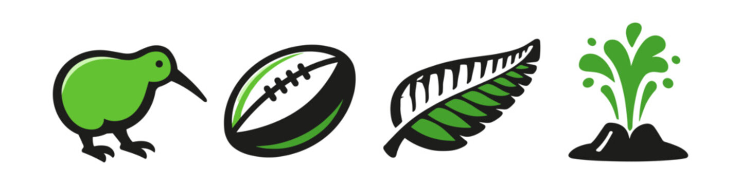 New Zealand iconic symbols: kiwi, rugby ball, fern, and geyser icons