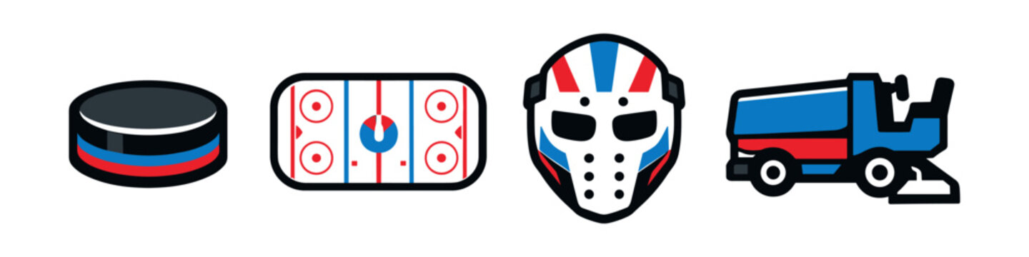 Collection of hockey equipment and ice rink maintenance tools on a white background