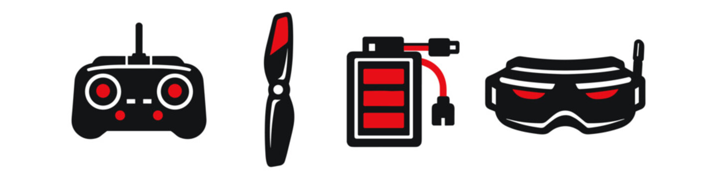 Drone racing accessories icons: remote, propeller, battery, and goggles