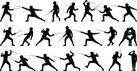 Archery athlete action silhouettes collection, archers running aiming shooting dynamic motion poses, black sport figures isolated on gray background illustration © Ezazul Haque