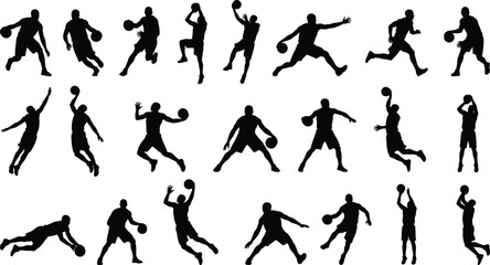 Basketball player action silhouettes collection, athletes dribbling passing shooting jumping defensive poses, black sport figures isolated on gray background illustration © Ezazul Haque