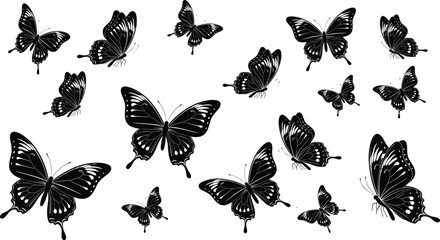 Collection of vector butterfly silhouettes featuring monarch and swallowtail species, black insect illustrations isolated on white background for nature design projects © MdShahid