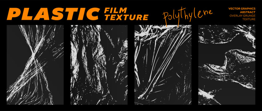 Grunge set of plastic film textures. Crumpled polyethylene packaging. Stretched, torn, ripped, wrinkled cling film for brutalism design. Abstract graphics for template, mockup, overlay effect, cover