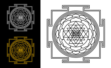 Shiva Yantra Sacred Geometry Mandala Black and White Illustration. Shiva Yantra sacred geometry mandala in precise black and white line art. Spiritual symbolic illustration for meditation decor, engra