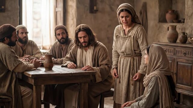 Martha scolds Mary, complains to Jesus Christ that they don't help her with the housework. The Gospel story.