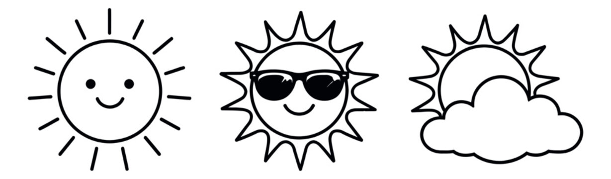 Hand drawn line art sun icons set featuring smiling faces, sunglasses, and a cloud for summer weather designs