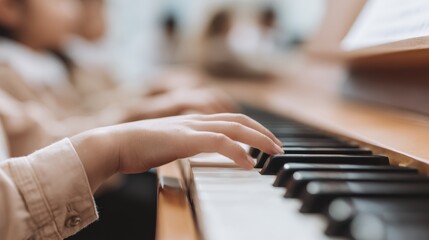 Obraz premium Close-up of young hands learning to play piano in music class with soft focus background