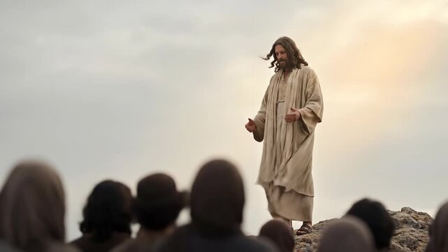 Caucasian man Jesus Christ speaking to a crowd on a hill. Biblical teachings and gospel parable concept. The Sermon on the Mount