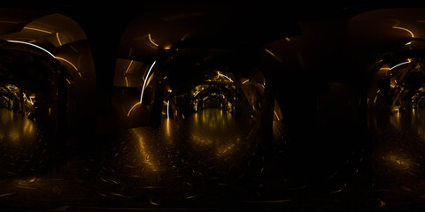 Fototapeta premium Golden industrial corridor reflection 360 vr panorama