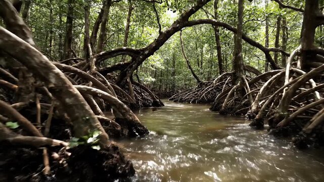 A watery path lined with intertwined roots and lush foliage, creating a tunnel-like passage