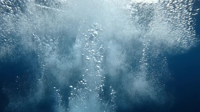 Submerged underwater perspective showcasing bubbles rising amidst dark blue and bright, ethereal light