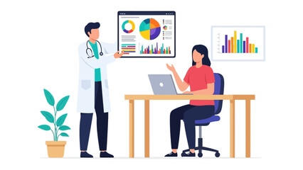 Fototapeta premium Doctor with Patient: A medical professional consults with a patient, examining data charts displayed on a screen and fostering a collaborative approach to healthcare.