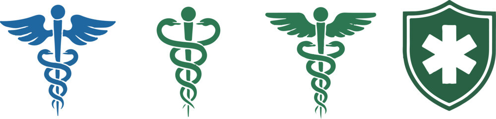 Obraz premium Caduceus symbol icon. Snake and stick with wings. Medicine logo. Healthcare. Rod of Asclepius. Isolated on white background. Vector illustration.