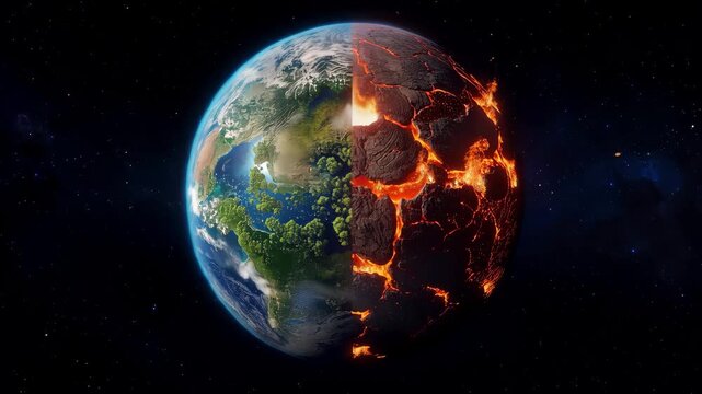 Planet earth with one half on fire and the other intact in space