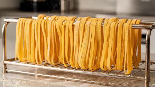 Closeup medium shot focusing on fettuccine ribbons hanging in neat rows on metal racks showcasing the silky texture and fresh pasta preparation in a modern culinary setting.