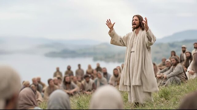 Man speaking sermon to crowd on hillside next to river. Teachings spiritual scene, gospel story religious event. The Sermon on the Mount