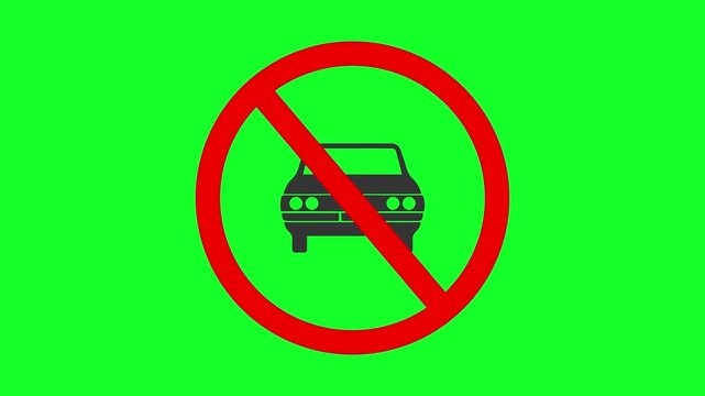 A graphic depicting a prohibition on parking, featuring a car inside a red circle with a diagonal line.