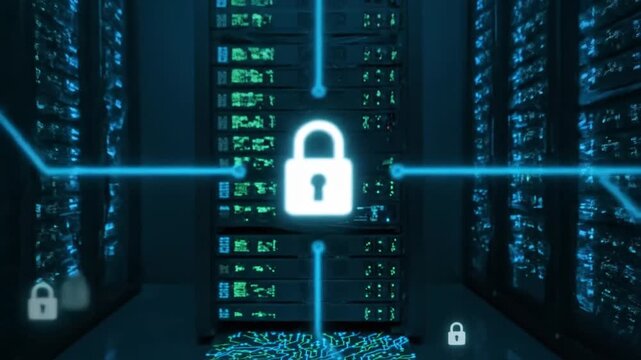 Digital security visualization in a data center. Intricate glowing circuits and strong locks showcase robust network protection for data integrity