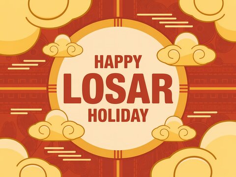 Happy losar holiday greeting card with clouds and red background