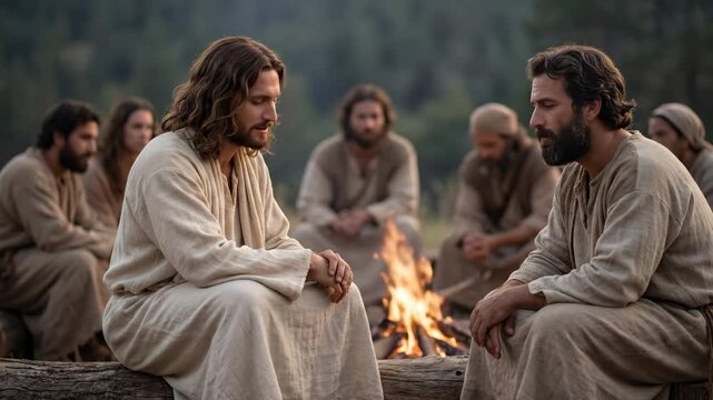 Jesus Christ and the Apostle Paul are talking. Gospel stories. Two men in ancient robes conversing by a campfire with other men listening in the background at night.