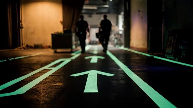 Medium shot of glow tape outlining backstage traffic paths with sharp focus on tape blurred crew members navigating softlit corridors
