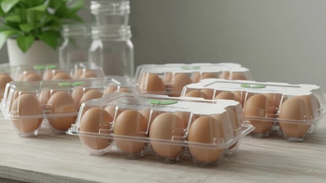 Medium shot showing compostable plastic egg cartons with transparent surfaces emphasizing sustainable recyclable food storage solutions
