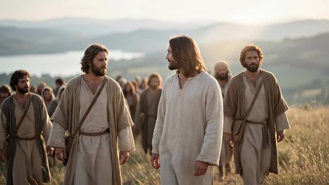 A depiction of Jesus and men walking together on a grassy hill, with followers, for religious and gospel themes