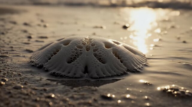 Close-up of a sponge-like form in the shallows of water, bathed in warm, golden sunlight